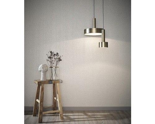 Scenă de interior cu lampă suspendată, scaun, vază cu flori uscate și o sculptură