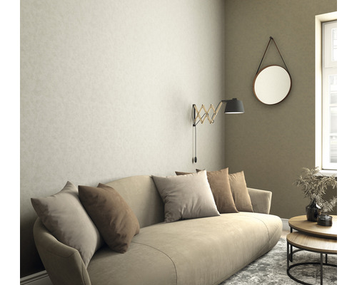 Living cu tapet, canapea, lampă și oglindă