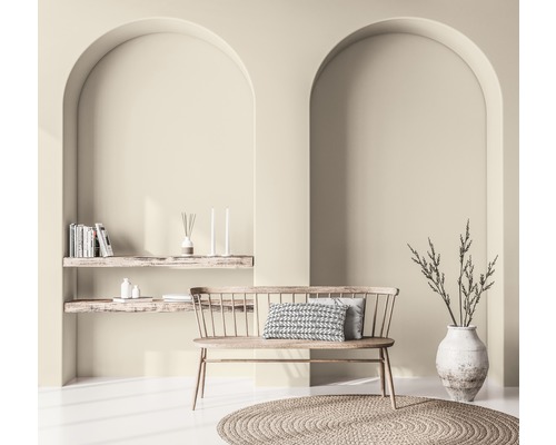 Interior cu bancă, pernă decorativă, covor rotund, rafturi, obiecte decorative și plantă în vază