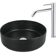 Chiuvetă neagră ceramică, montată pe blat, cu baterie monocomandă cromată