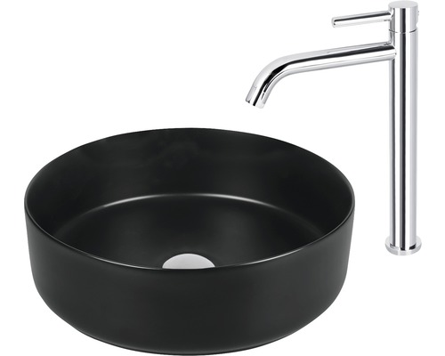 Chiuvetă neagră ceramică, montată pe blat, cu baterie monocomandă cromată