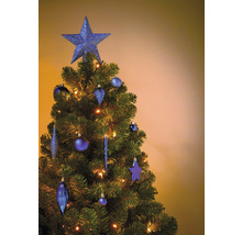 Brad împodobit cu stea și ornamente albastre