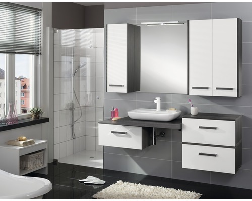 Baie modernă cu duș, chiuvetă, dulap cu oglindă și dulap sub chiuvetă într-un design elegant.