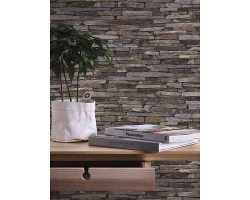 Placare de perete cu aspect de piatră, plantă în pungă de hârtie și cărți pe un birou din lemn