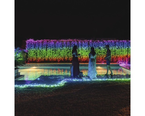 Petrecere în grădină la piscină cu ghirlandă luminoasă colorată pe gardul viu