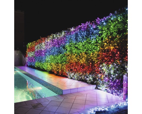 Gard viu cu lumini colorate lângă o piscină