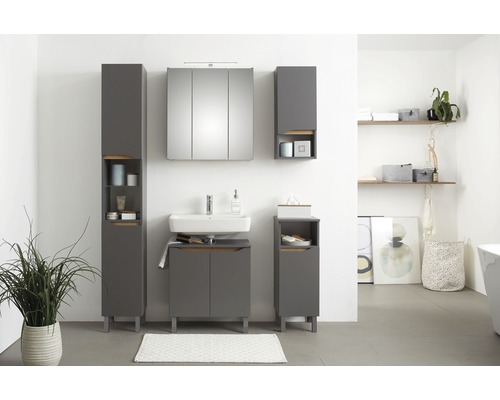 Set modern de baie cu dulap de bază pentru lavoar, dulap cu oglindă și dulap înalt în tonuri de gri