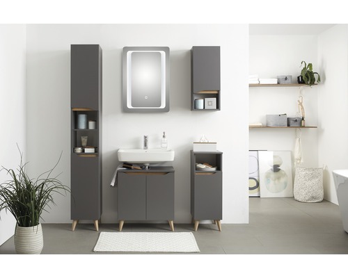 Baie cu chiuvetă, dulap cu oglindă și mobilier de baie în gri
