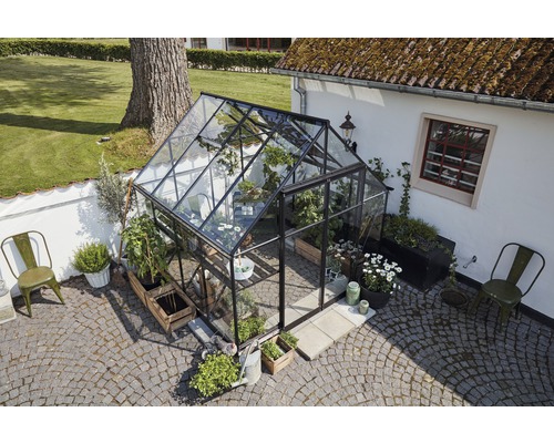 Seră cu plante și mobilier de grădină în aer liber