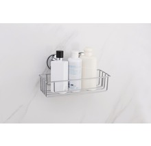 Raft de duș din sârmă cromată cu trei flacoane de șampon pe un perete