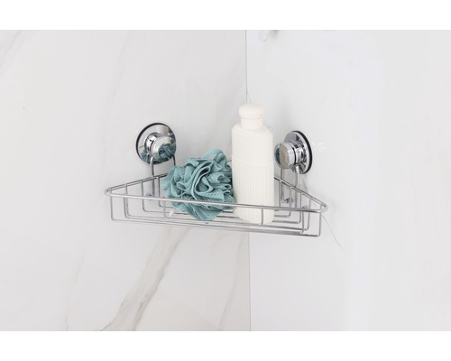 Raft de colț pentru depozitare în duș cu ventuze, burete de baie și flacon de gel de duș