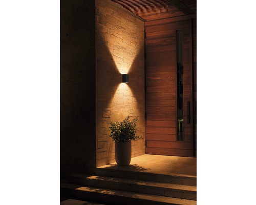 Exteriorul unei case cu o lampă modernă de perete care luminează în sus și în jos, lângă o ușă de lemn și o plantă în ghiveci.