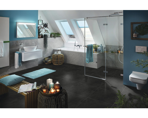 Baie luminoasă cu ferestre de mansardă, duș, cadă, lavoar și toaletă