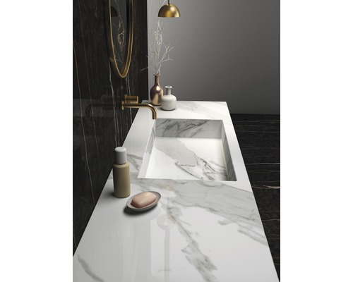 Baie modernă cu lavoar din marmură și armături aurii.