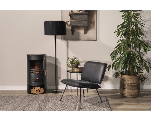 Living cu șemineu electric, lampă de podea, fotoliu, măsuță laterală, plantă de interior și covor