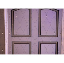 Plasă luminoasă decorativă cu lumini LED mici în fața unei uși