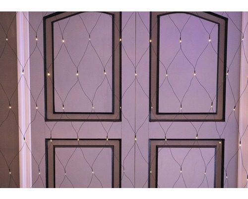 Plasă luminoasă decorativă cu lumini LED mici în fața unei uși