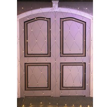 Plasă decorativă cu lumini în fața unei uși