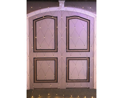 Plasă decorativă cu lumini în fața unei uși