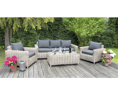 Set mobilier grădină/terasă Premium Luxur poliratan 4 piese 5 locuri gri Set de mobilier de grădină din ratan cu canapea, fotolii și masă pe o terasă din lemn