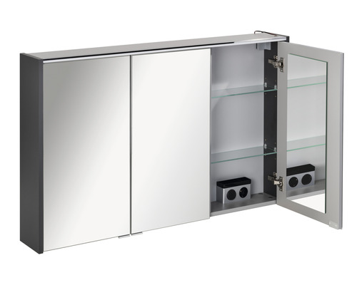 Dulap cu oglindă cu trei uși, rafturi din sticlă și priză