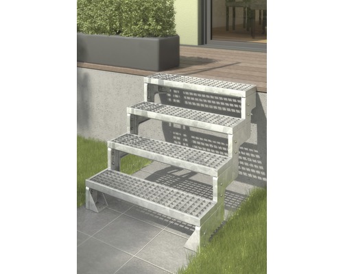Scară de exterior laterală secundară Pertura Tallis 2 pași fără balustradă Scară exterioară cu trei trepte din metal pe o terasă