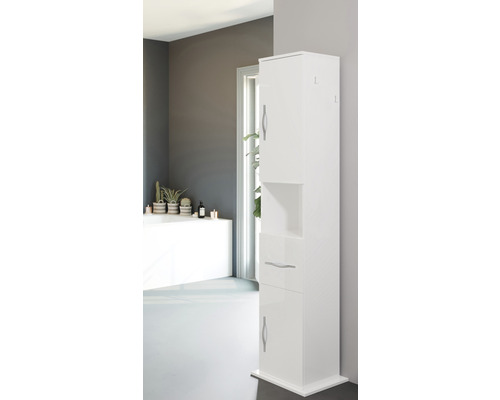 Dulap înalt de baie alb cu uși, sertar și raft deschis