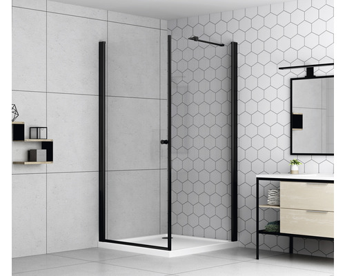 Ușă duș batantă basano Modena black 90x197,5 cm sticlă transparentă profil negru mat-0