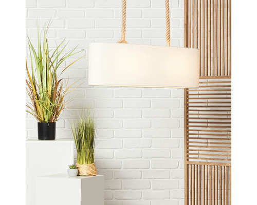 Interior cu lampă suspendată dreptunghiulară cu suspensie cu frânghie și plante de interior