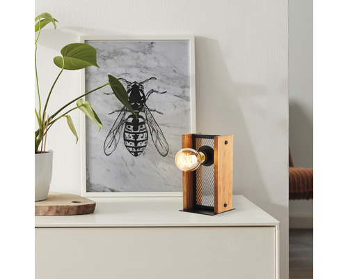 Lampă de masă decorativă din lemn și metal pe o comodă, lângă o imagine cu o insectă și o plantă la ghiveci.