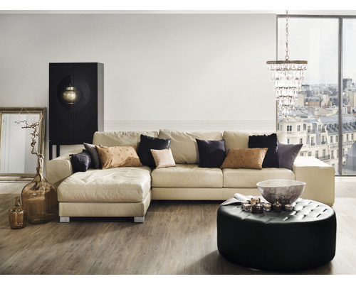 Cameră de zi cu canapea de colț, măsuță de cafea, dulap, lampadar și decorațiuni