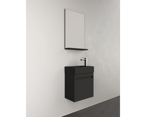 Dulap negru de lavoar cu oglindă și raft pentru baie.