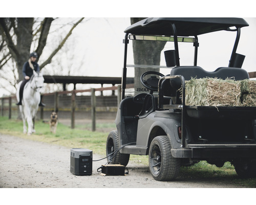 Scenă cu o mașină de golf plină cu fân, o călăreață pe un cal și o centrală electrică portabilă pentru alimentare în exterior.