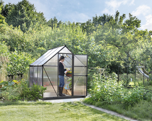 Seră cu ușa deschisă și o persoană care îngrijește o plantă, în grădină