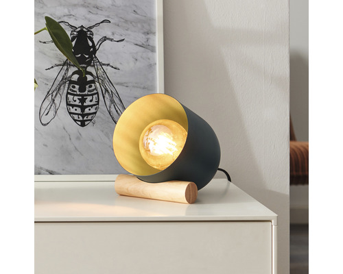 Lampă de masă cu element din lemn și sursă de lumină