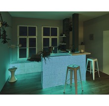 Scenă de bucătărie cu bar, scaune, ferestre și decorațiuni