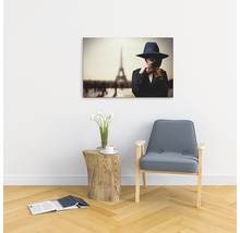 Cameră de zi cu pictură murală, măsuță laterală, scaun și broșură