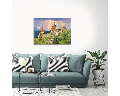 Tablou de perete cu motiv de castel deasupra unei canapele într-un living