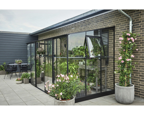 Seră cu plante pe o terasă lângă o casă.