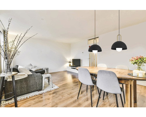 Cameră de zi cu canapea, masă de sufragerie, scaune și două corpuri de iluminat suspendate