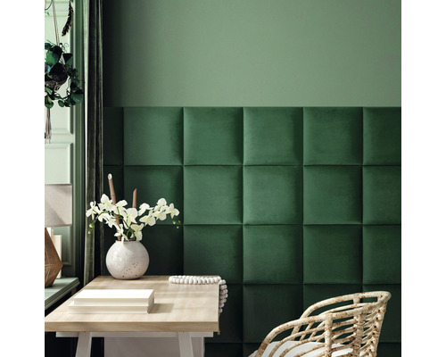 Panou decorativ tapițat Riviera verde 30x30 cm Cameră cu placare de perete verde din panouri textile, birou și decorațiuni