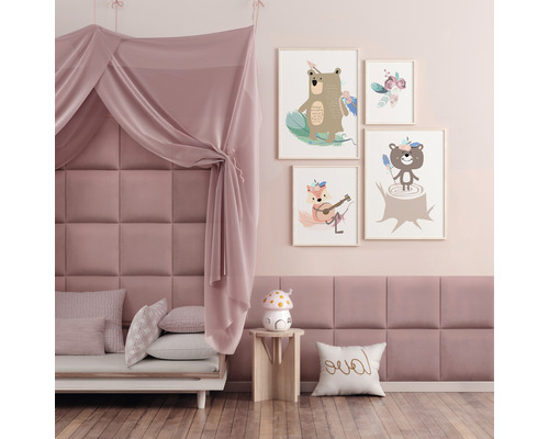 Panou decorativ tapițat Mat Velvet roz 30x30 cm Design cameră copil cu motive animale, baldachin și perete tapițat