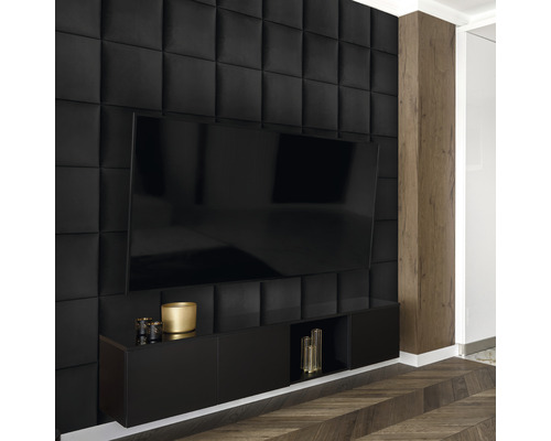 Panou decorativ tapițat Mat Velvet negru 30x30 cm Cameră de zi cu panouri de perete acustice negre și mobilier TV