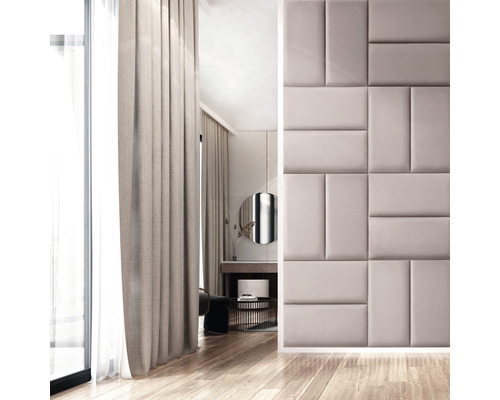 Panou decorativ tapițat Fancy crem-taupe 30x60 cm Vedere a camerei cu perdea, comodă cu oglindă și panouri de perete pentru design interior