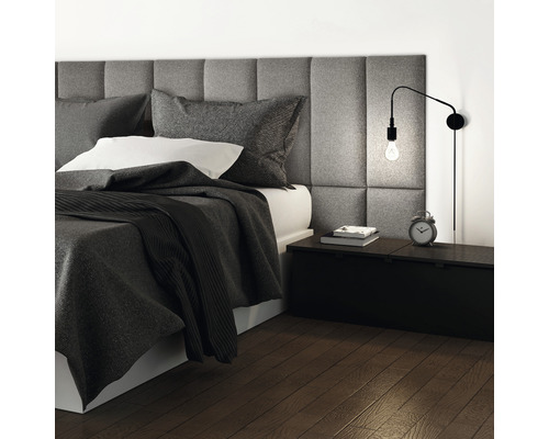 Panou decorativ tapițat Solid gri 30x60 cm Dormitor cu pat, noptieră și lampă de perete