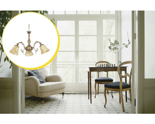 Cameră de zi cu fotoliu, tablă de șah și lustră