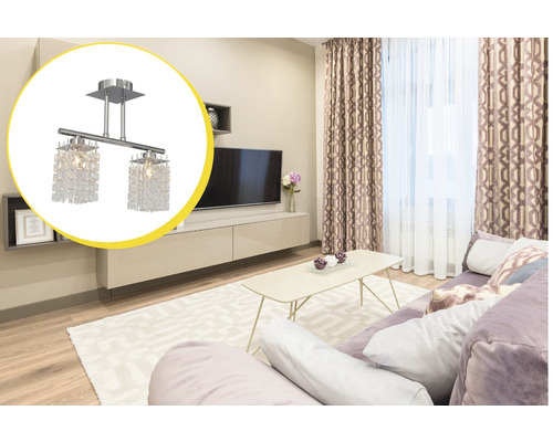 Lumină de tavan cu două lămpi din metal și sticlă în camera de zi.