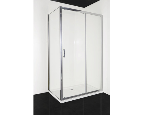 Cabină de duș pe colț cu ușă glisantă și sticlă transparentă