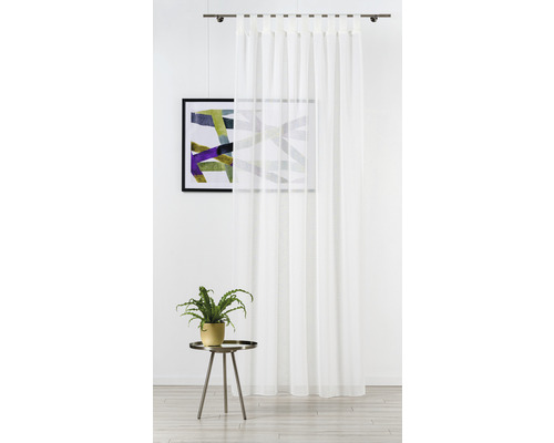 Perdea transparentă cu suspensie cu buclă în fața unui decor de perete și o măsuță laterală cu o plantă