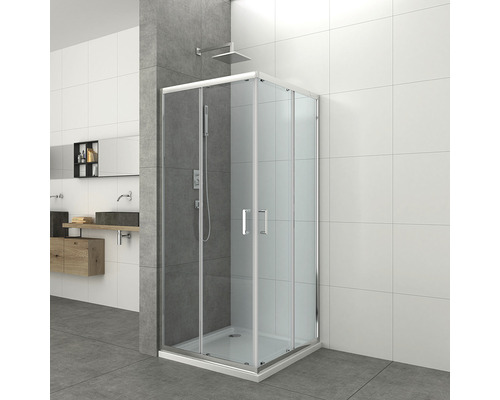 Cabină de duș pe colț cu uși glisante într-un decor de baie